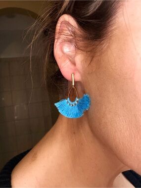 J. Crew Delicate Gold Hoop Earrings with Bright Blue Tassel Fan